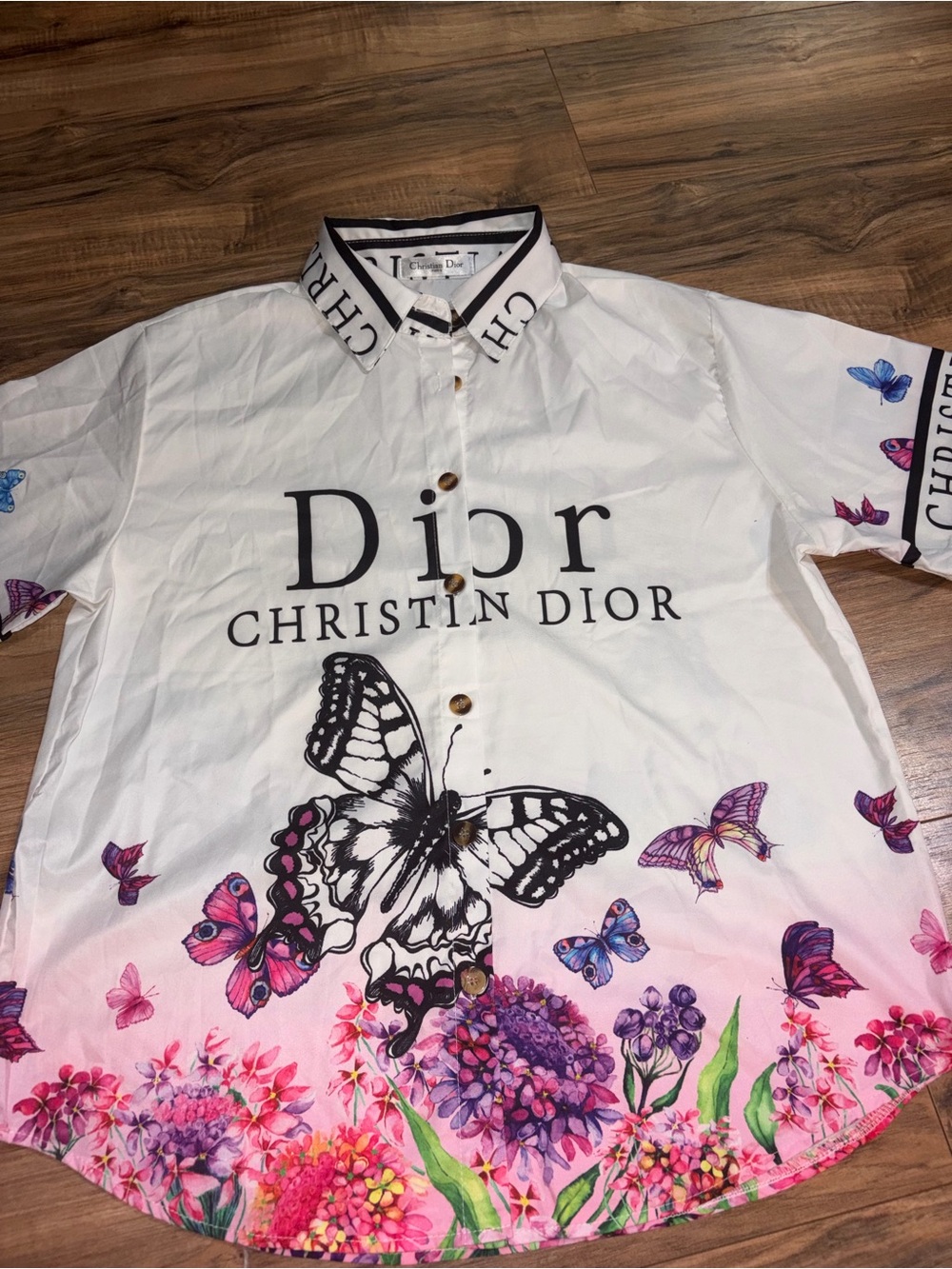 Dior White Button-Down Shirt and shorts with Black Logo and Butterfly Floral